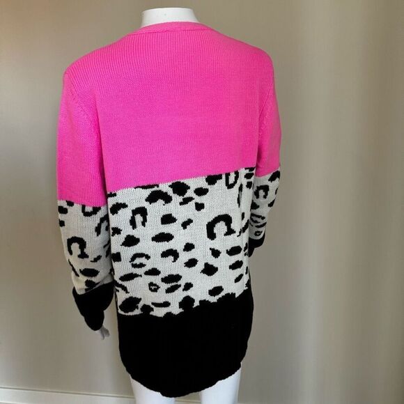Color Block Pink Animal Print Open Front Cardigan - Picture 3 of 4